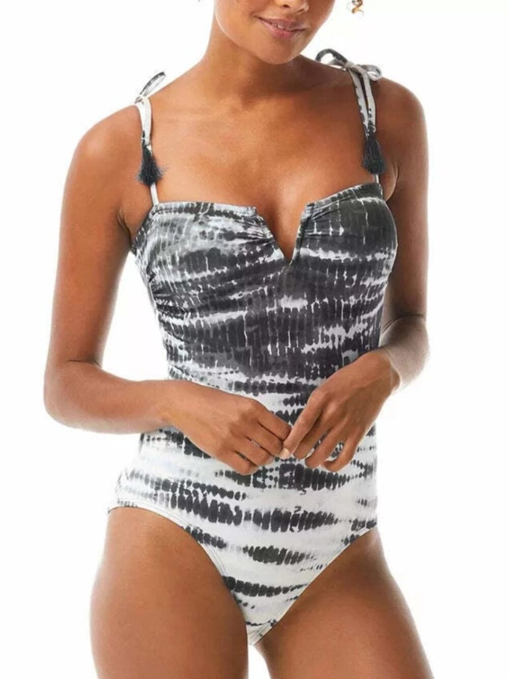 Vince Camuto Tie-Dye Tassel Strap One-Piece Swimsuit Black White SZ:10 NWT